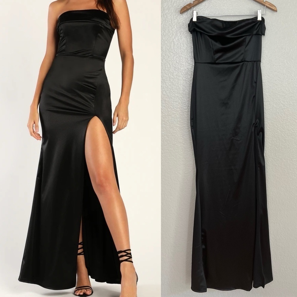Starlet Vibes Black Satin Strapless Mermaid Maxi Dress